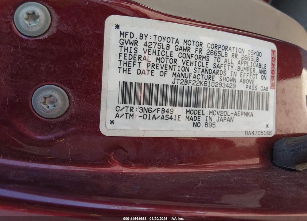 2001 TOYOTA CAMRY LE V6 VIN: JT2BF22K610293429
