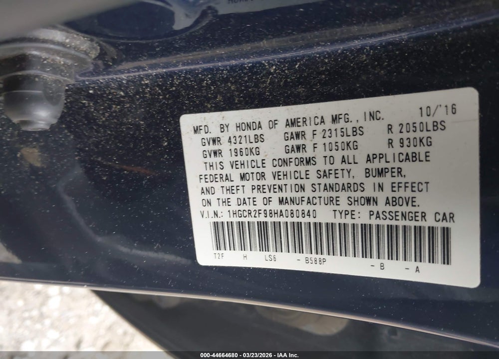 2017 HONDA ACCORD EX-L VIN: 1HGCR2F98HA080840