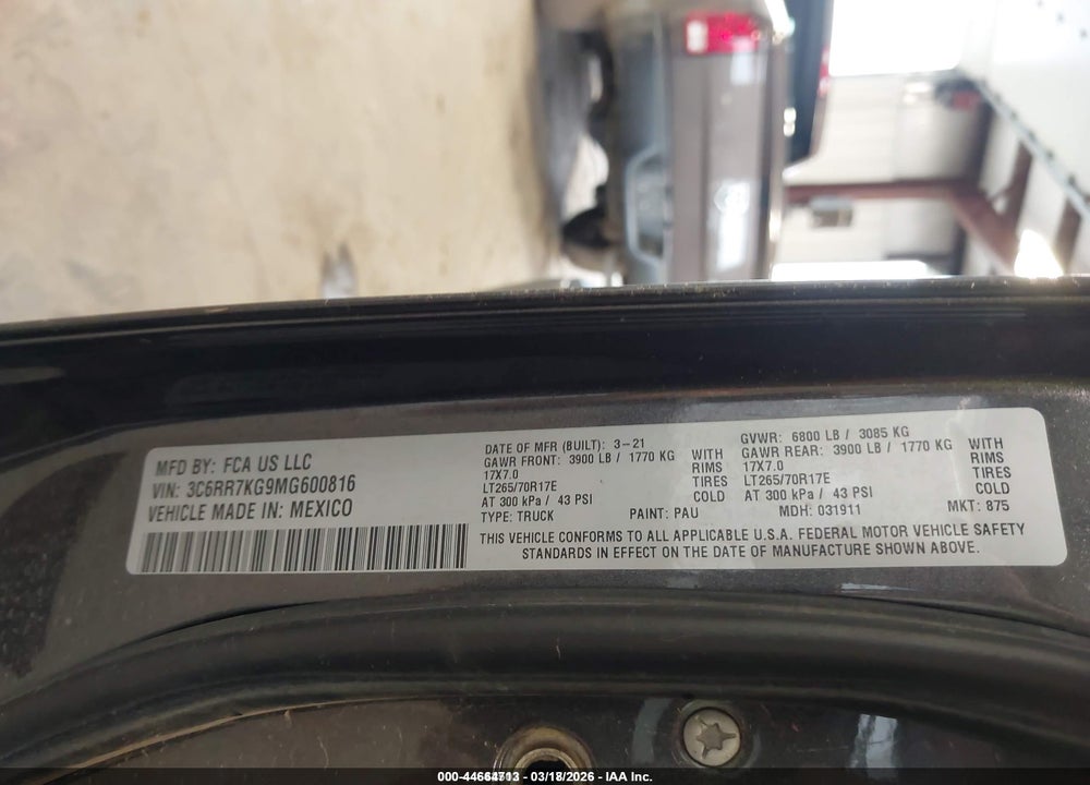 2021 RAM 1500 CLASSIC TRADESMAN  4X4 5'7 BOX VIN: 3C6RR7KG9MG600816