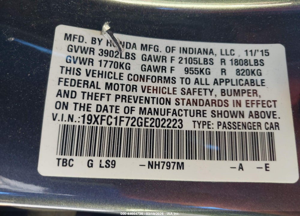 2016 HONDA CIVIC EX-L VIN: 19XFC1F72GE202223