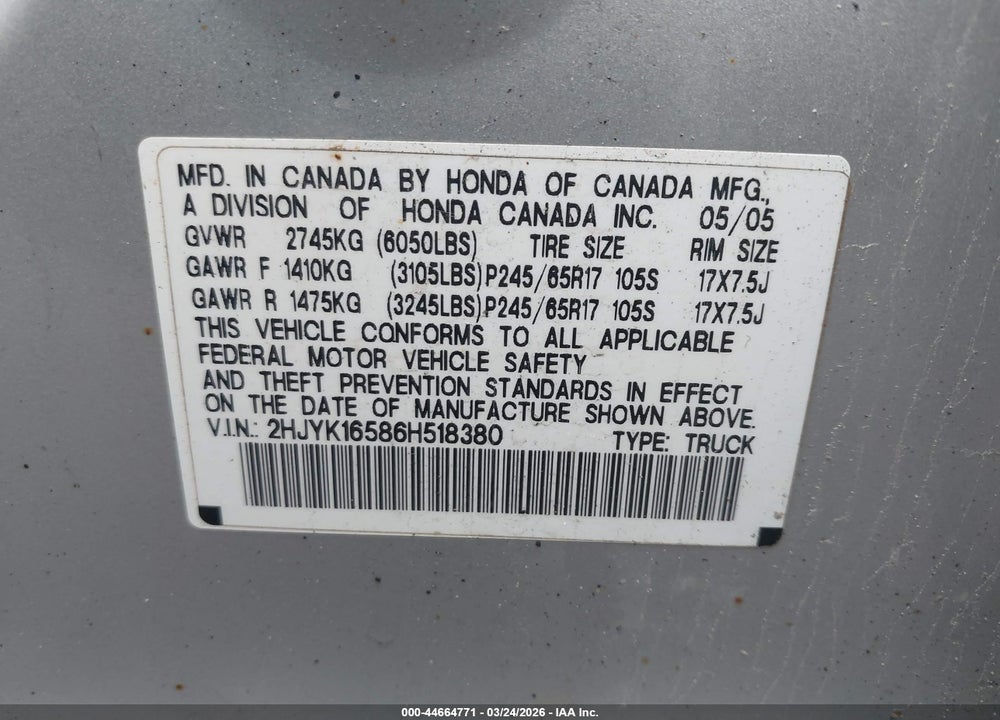 2006 HONDA RIDGELINE RTL VIN: 2HJYK16586H518380