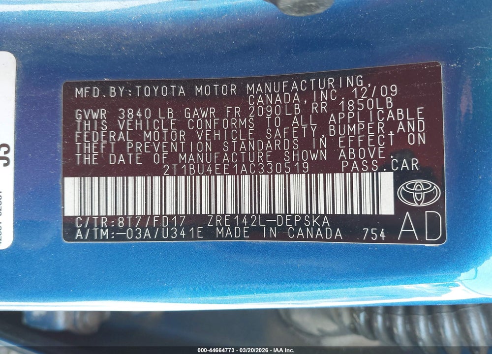 2010 TOYOTA COROLLA S VIN: 2T1BU4EE1AC330519