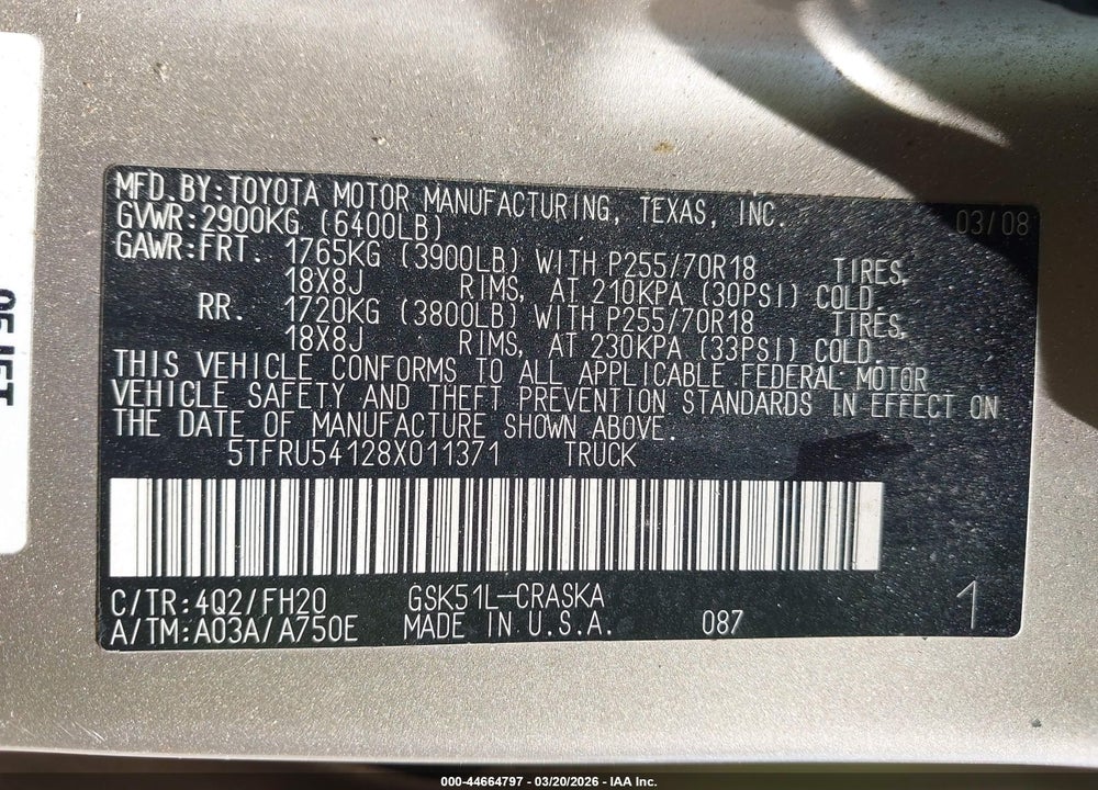 2008 TOYOTA TUNDRA SR5 V6 VIN: 5TFRU54128X011371
