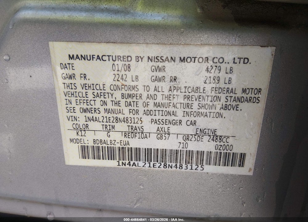 2008 NISSAN ALTIMA 2.5 S VIN: 1N4AL21E28N483125
