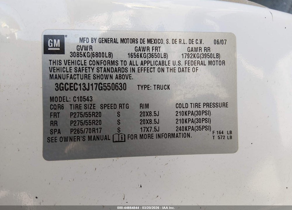 2007 CHEVROLET SILVERADO 1500 LT1 VIN: 3GCEC13J17G550630