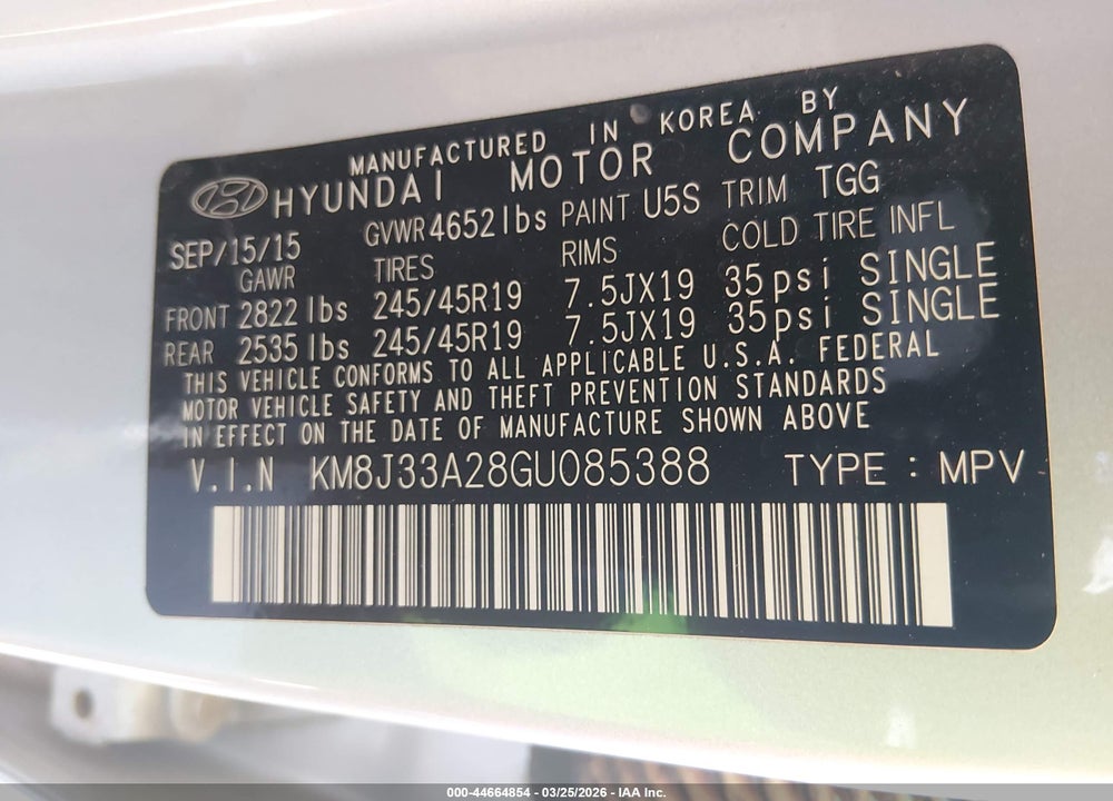 2016 HYUNDAI TUCSON SPORT VIN: KM8J33A28GU085388