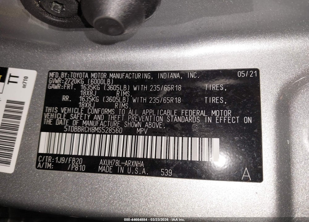 2021 TOYOTA HIGHLANDER HYBRID LE VIN: 5TDBBRCH8MS528560