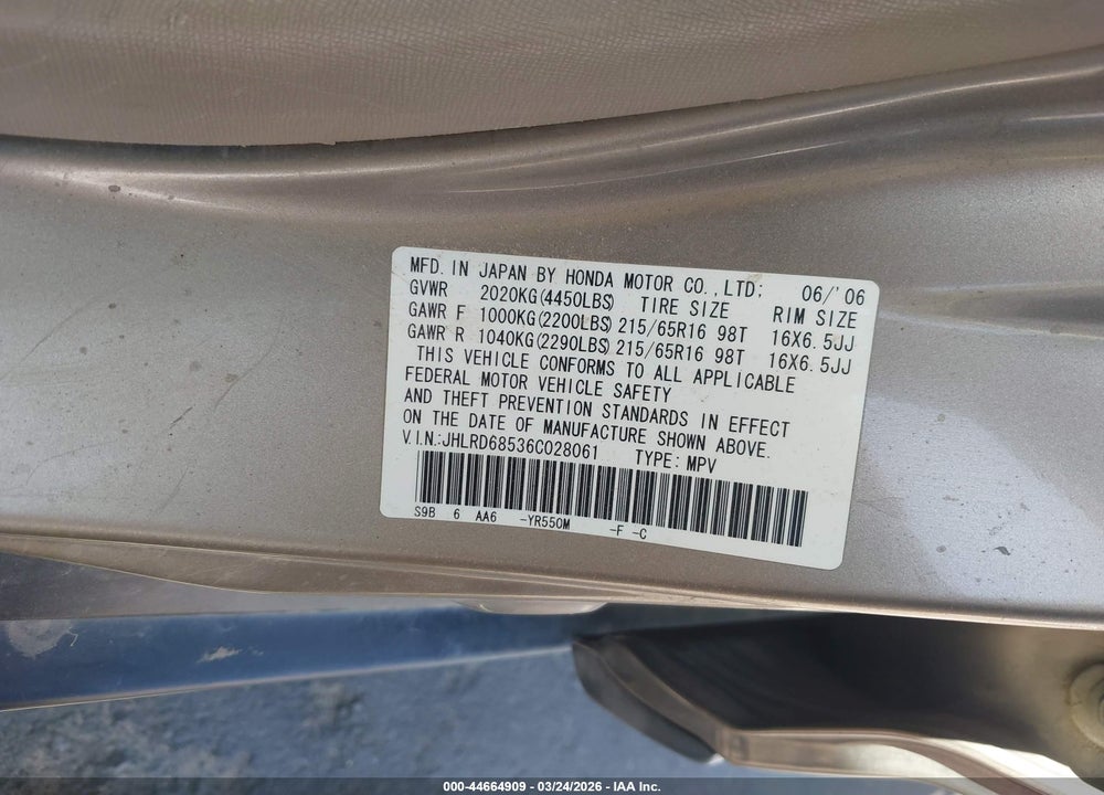 2006 HONDA CR-V LX VIN: JHLRD68536C028061