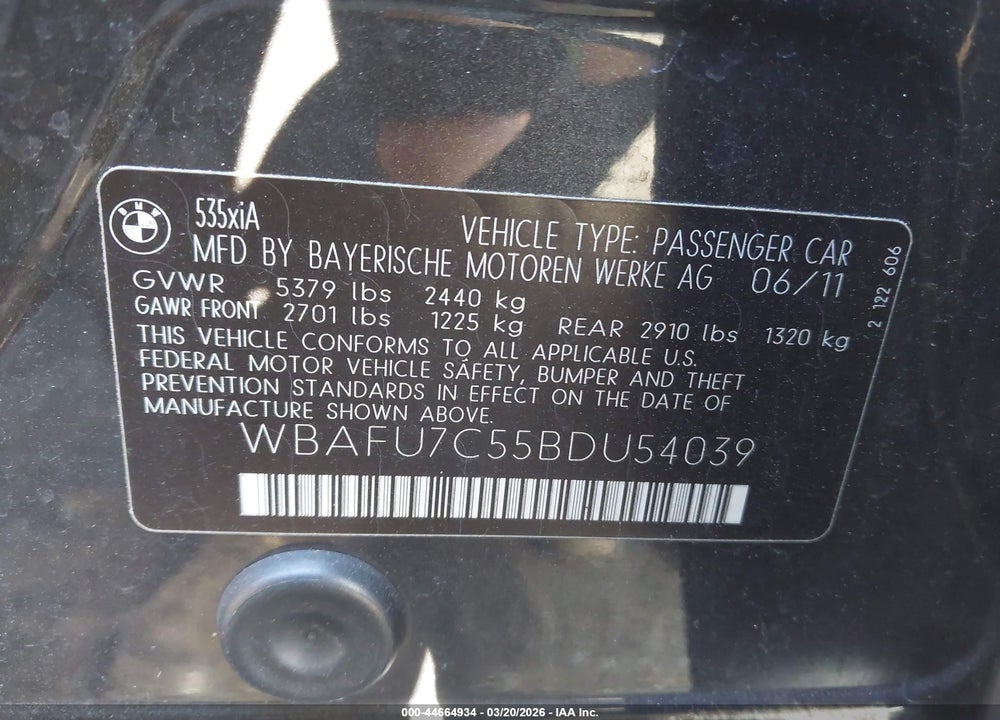 2011 BMW 535I XDRIVE VIN: WBAFU7C55BDU54039
