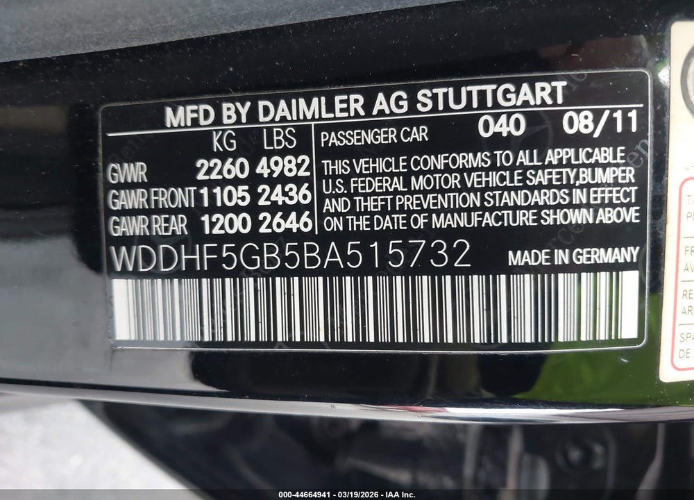 2011 MERCEDES-BENZ E 350 VIN: WDDHF5GB5BA515732