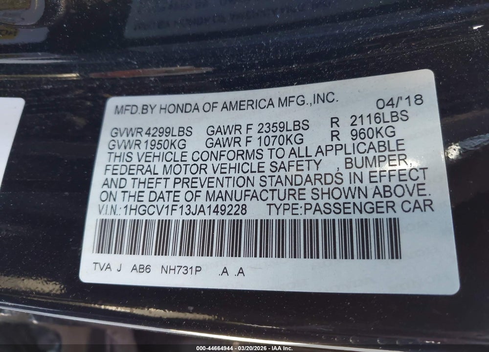 2018 HONDA ACCORD LX VIN: 1HGCV1F13JA149228