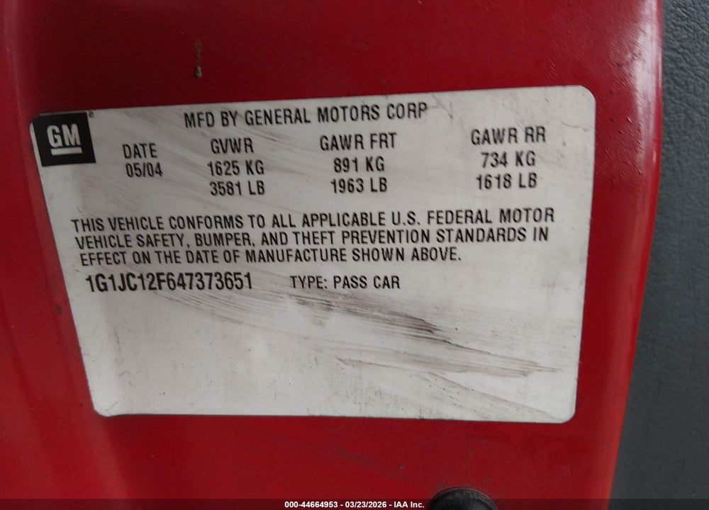 2004 CHEVROLET CAVALIER VIN: 1G1JC12F647373651