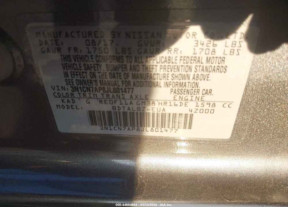 2018 NISSAN VERSA 1.6 SV VIN: 3N1CN7AP8JL801477