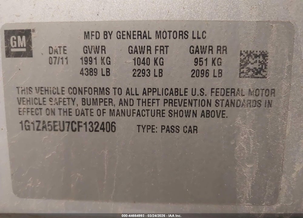2012 CHEVROLET MALIBU LS VIN: 1G1ZA5EU7CF132406