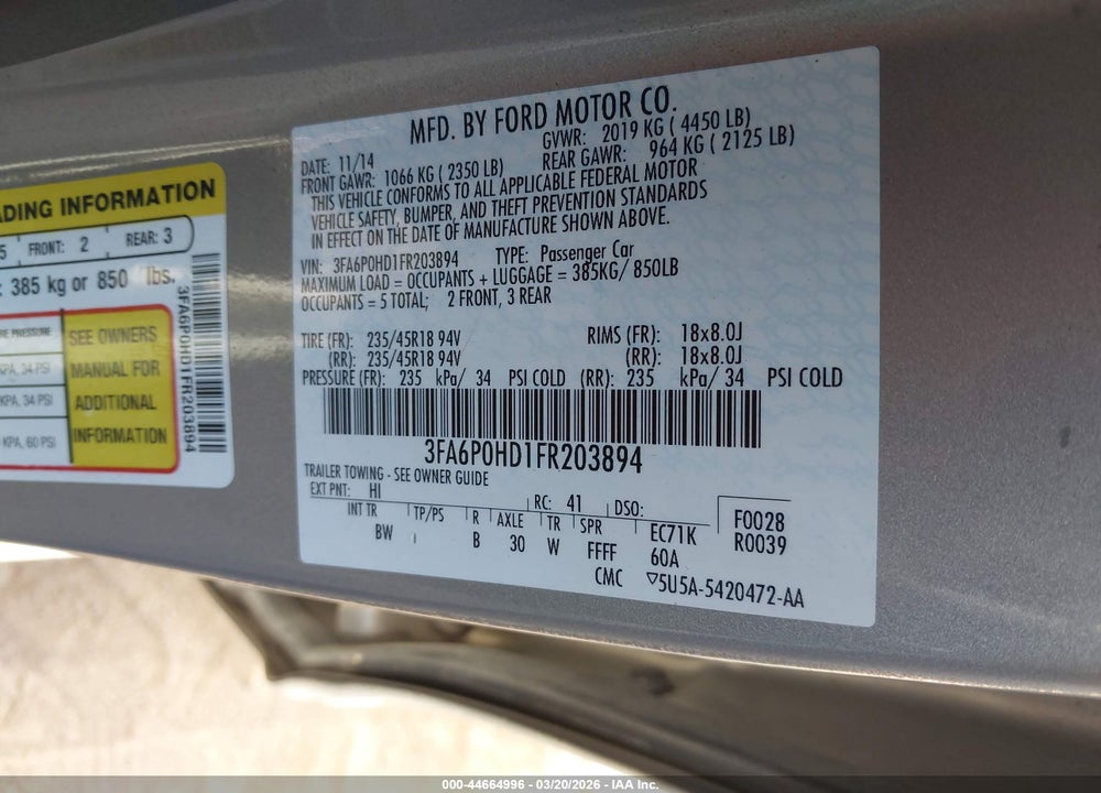 2015 FORD FUSION SE VIN: 3FA6P0HD1FR203894