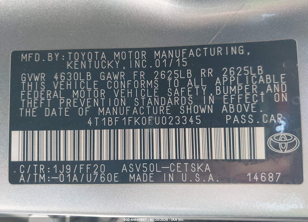 2015 TOYOTA CAMRY SE VIN: 4T1BF1FK0FU023345