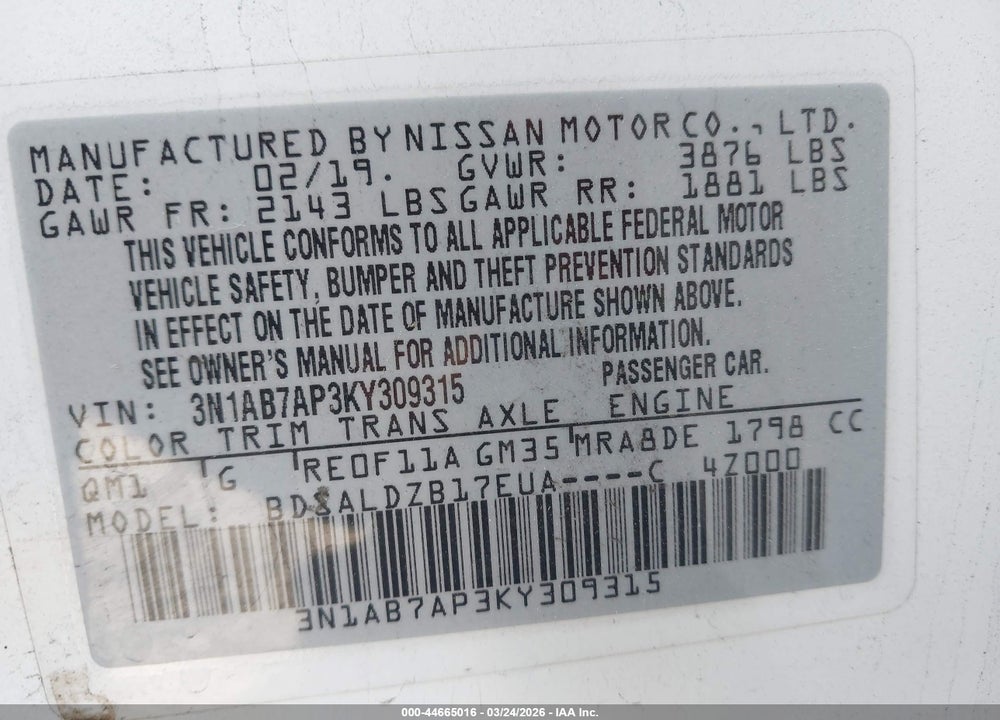 2019 NISSAN SENTRA SV VIN: 3N1AB7AP3KY309315