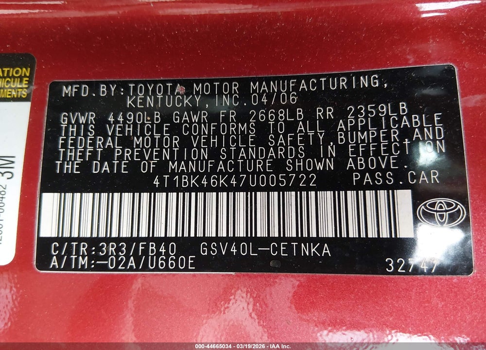 2007 TOYOTA CAMRY LE V6 VIN: 4T1BK46K47U005722