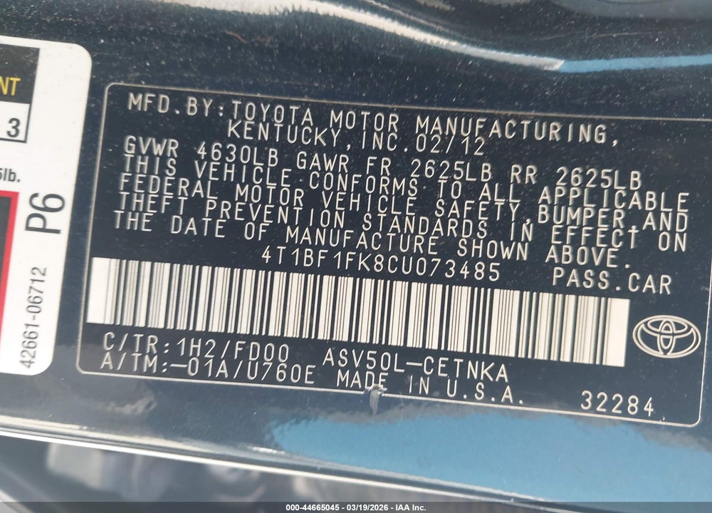 2012 TOYOTA CAMRY LE VIN: 4T1BF1FK8CU073485