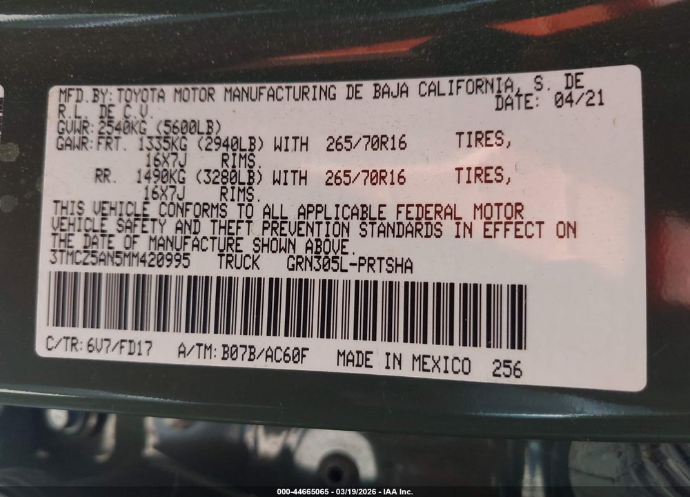 2021 TOYOTA TACOMA TRD OFF-ROAD VIN: 3TMCZ5AN5MM420995