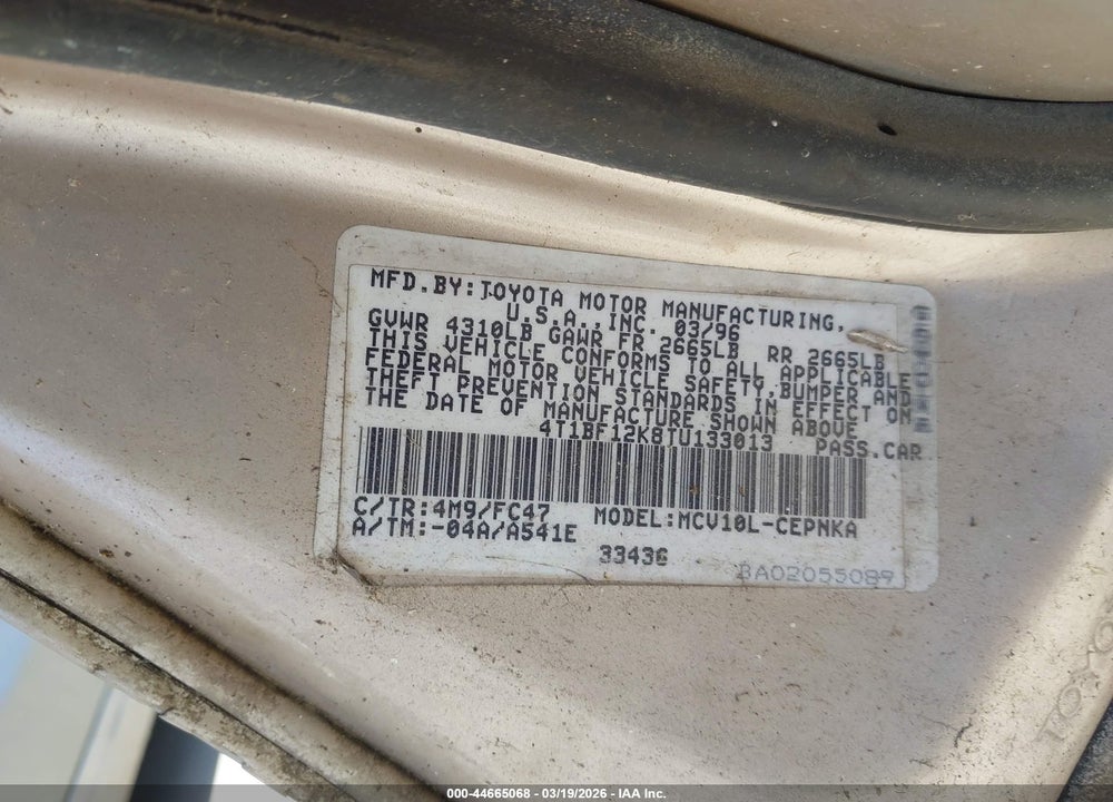 1996 TOYOTA CAMRY LE/XLE/SE VIN: 4T1BF12K8TU133013