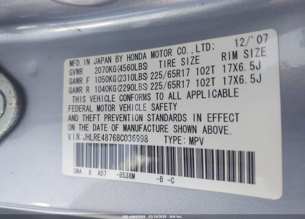 2008 HONDA CR-V EX-L VIN: JHLRE48768C036998