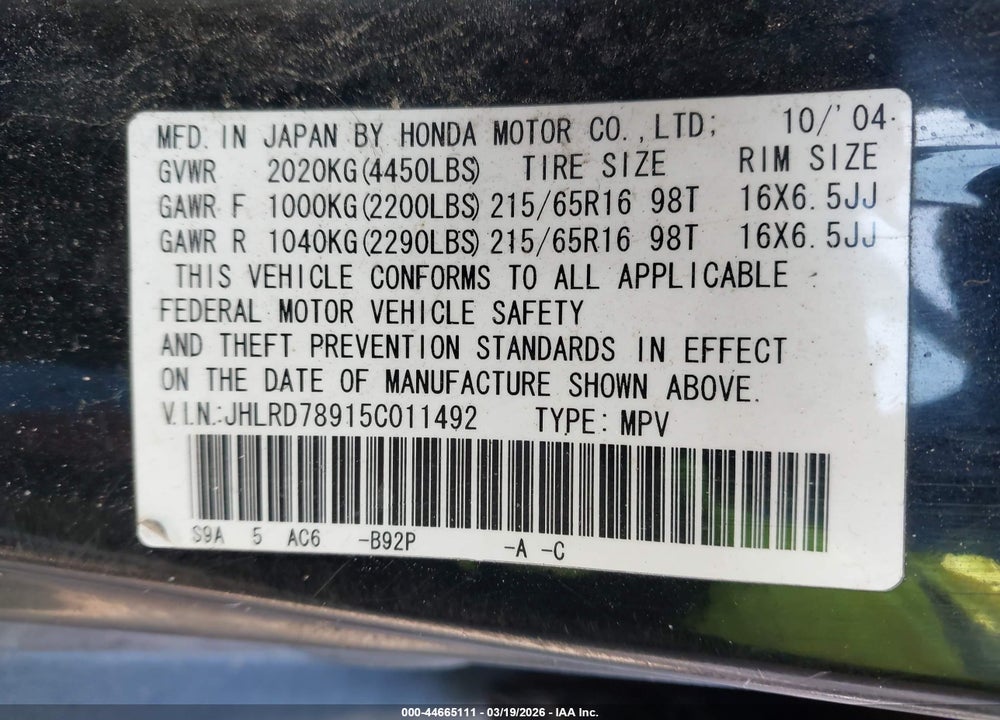 2005 HONDA CR-V SE VIN: JHLRD78915C011492