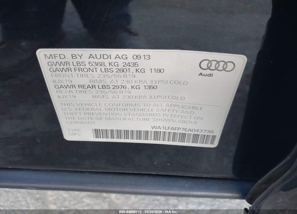 2014 AUDI Q5 2.0T PREMIUM VIN: WA1LFAFP7EA043736