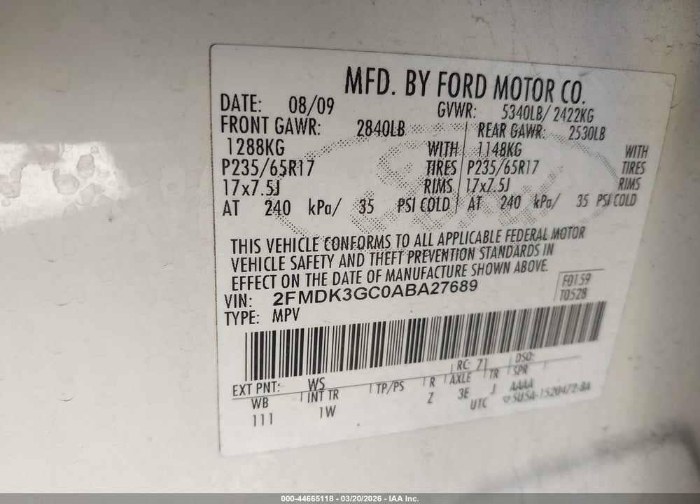 2010 FORD EDGE SE VIN: 2FMDK3GC0ABA27689