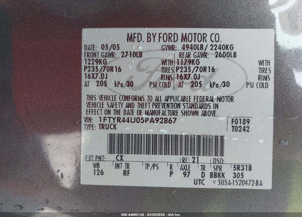 2005 FORD RANGER EDGE/STX/XLT VIN: 1FTYR44U05PA92867