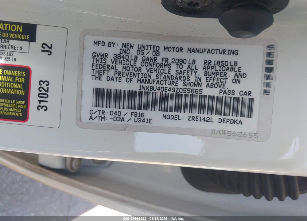 2009 TOYOTA COROLLA LE VIN: 1NXBU40E49Z055665