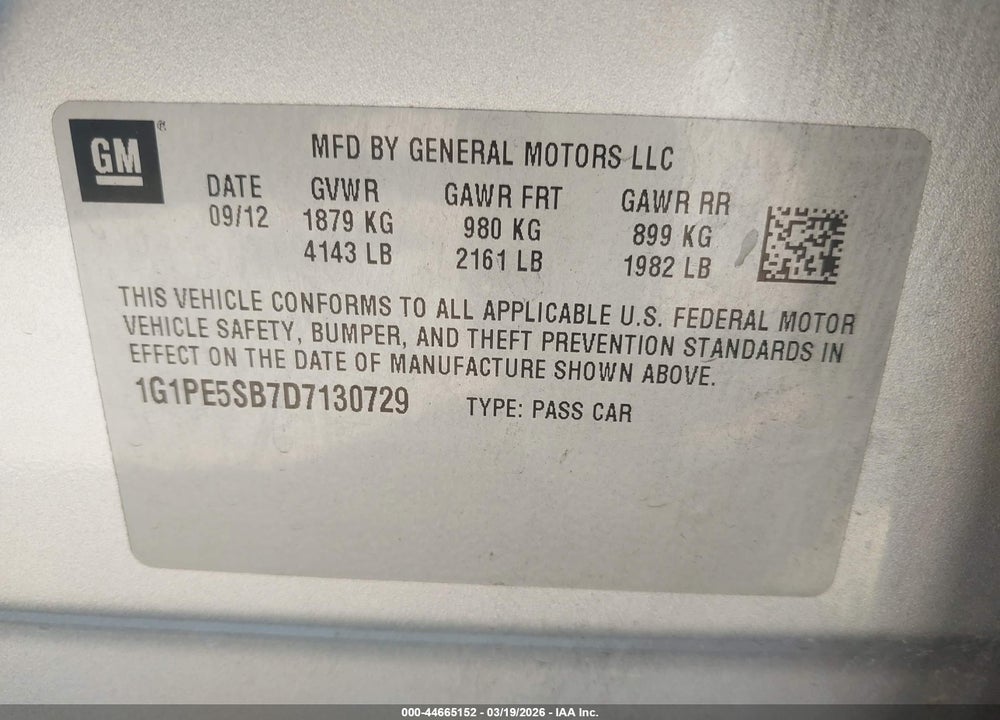 2013 CHEVROLET CRUZE 2LT AUTO VIN: 1G1PE5SB7D7130729