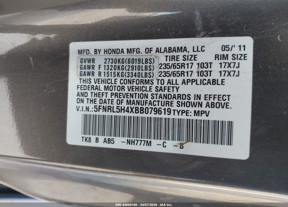 2011 HONDA ODYSSEY EX VIN: 5FNRL5H4XBB079619