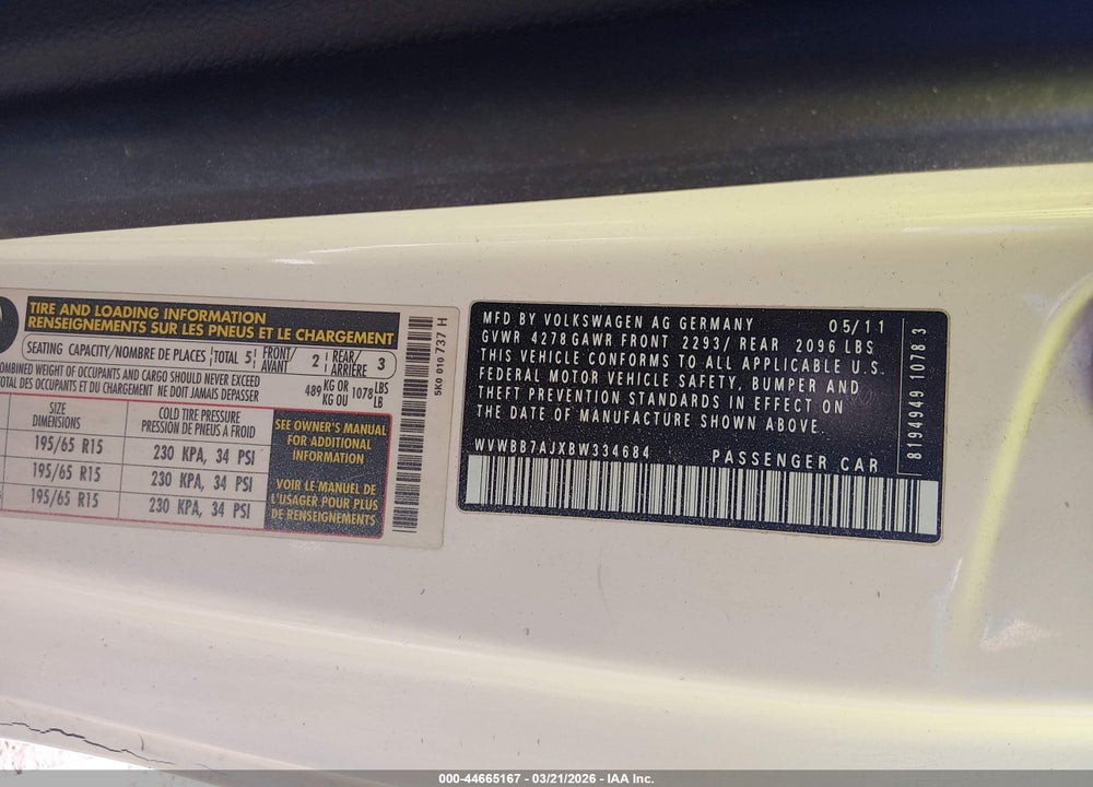 2011 VOLKSWAGEN GOLF 2.5L 2-DOOR VIN: WVWBB7AJXBW334684