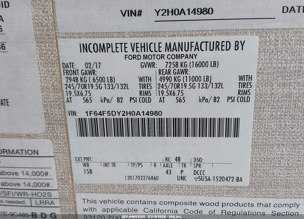 2017 FORD F53 VIN: 1F64F5DY2H0A14980