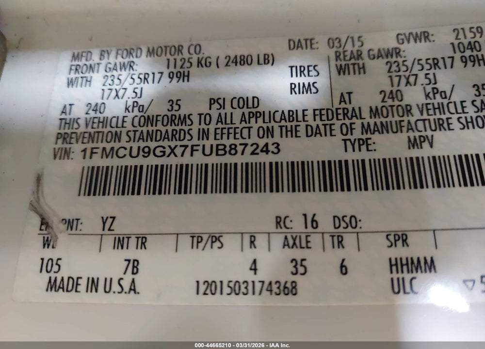 2015 FORD ESCAPE SE VIN: 1FMCU9GX7FUB87243