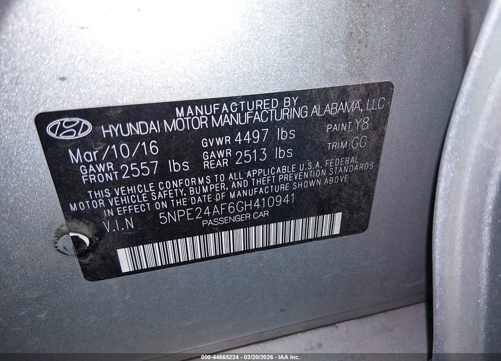 2016 HYUNDAI SONATA SE VIN: 5NPE24AF6GH410941