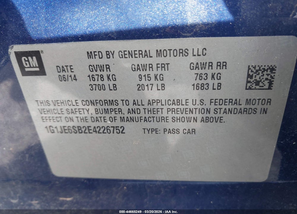 2014 CHEVROLET SONIC LTZ AUTO VIN: 1G1JE6SB2E4226752
