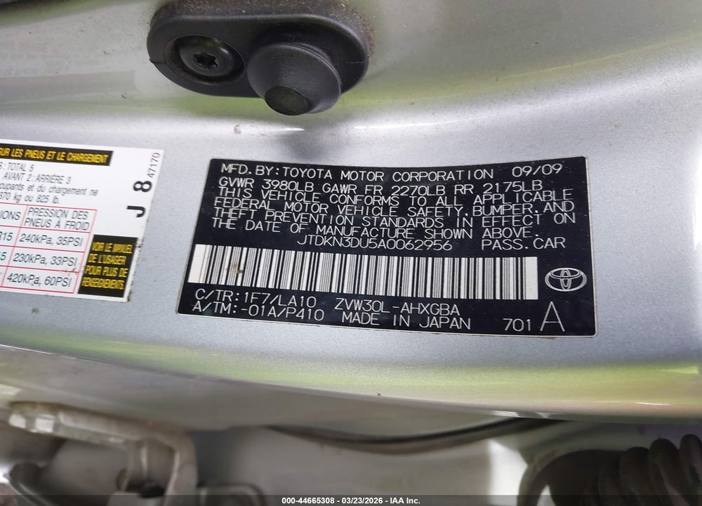2010 TOYOTA PRIUS IV VIN: JTDKN3DU5A0062956