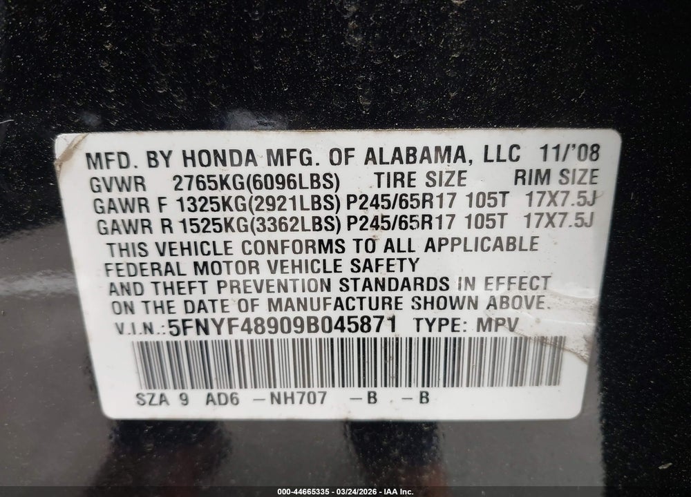 2009 HONDA PILOT TOURING VIN: 5FNYF48909B045871