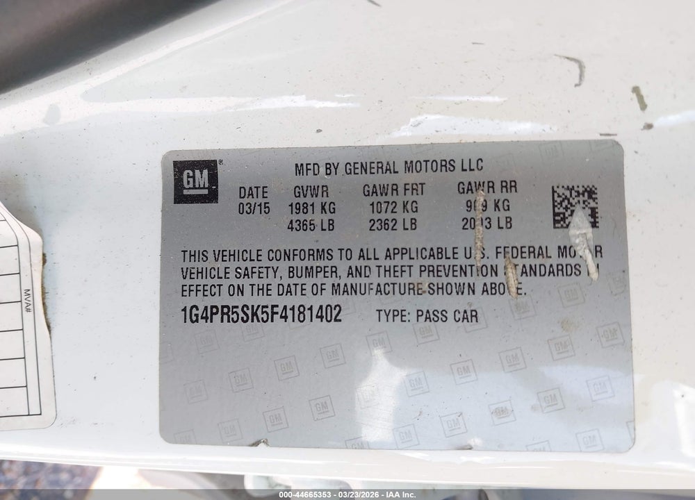 2015 BUICK VERANO CONVENIENCE GROUP VIN: 1G4PR5SK5F4181402
