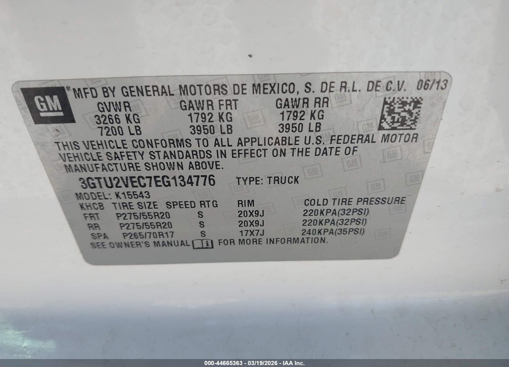 2014 GMC SIERRA 1500 SLT VIN: 3GTU2VEC7EG134776