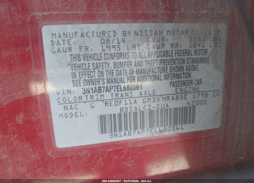 2014 NISSAN SENTRA S VIN: 3N1AB7AP7EL680561