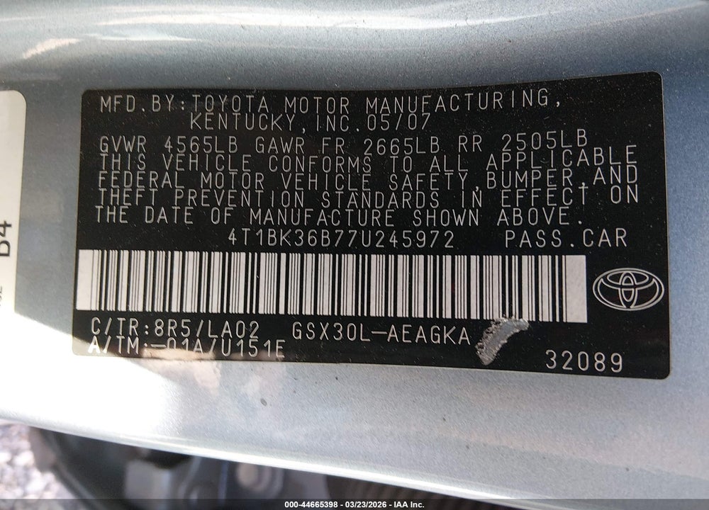 2007 TOYOTA AVALON XLS VIN: 4T1BK36B77U245972