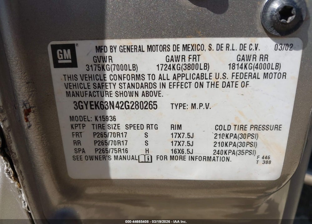2002 CADILLAC ESCALADE EXT STANDARD VIN: 3GYEK63N42G280265