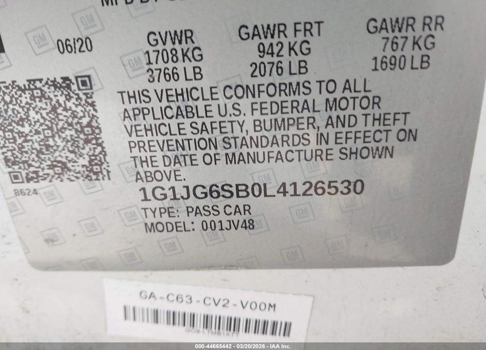 2020 CHEVROLET SONIC FWD  1FL 5-DOOR VIN: 1G1JG6SB0L4126530