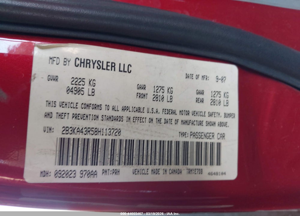 2008 DODGE CHARGER VIN: 2B3KA43R58H113720