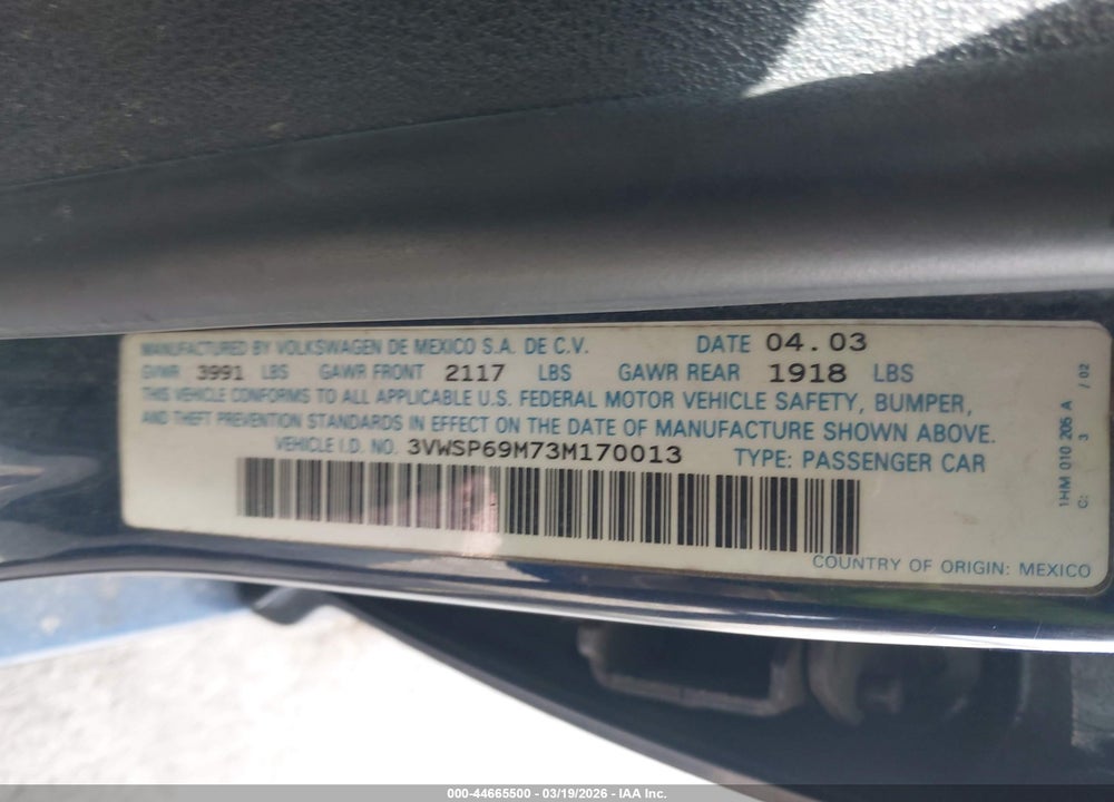2003 VOLKSWAGEN JETTA GLS TDI VIN: 3VWSP69M73M170013