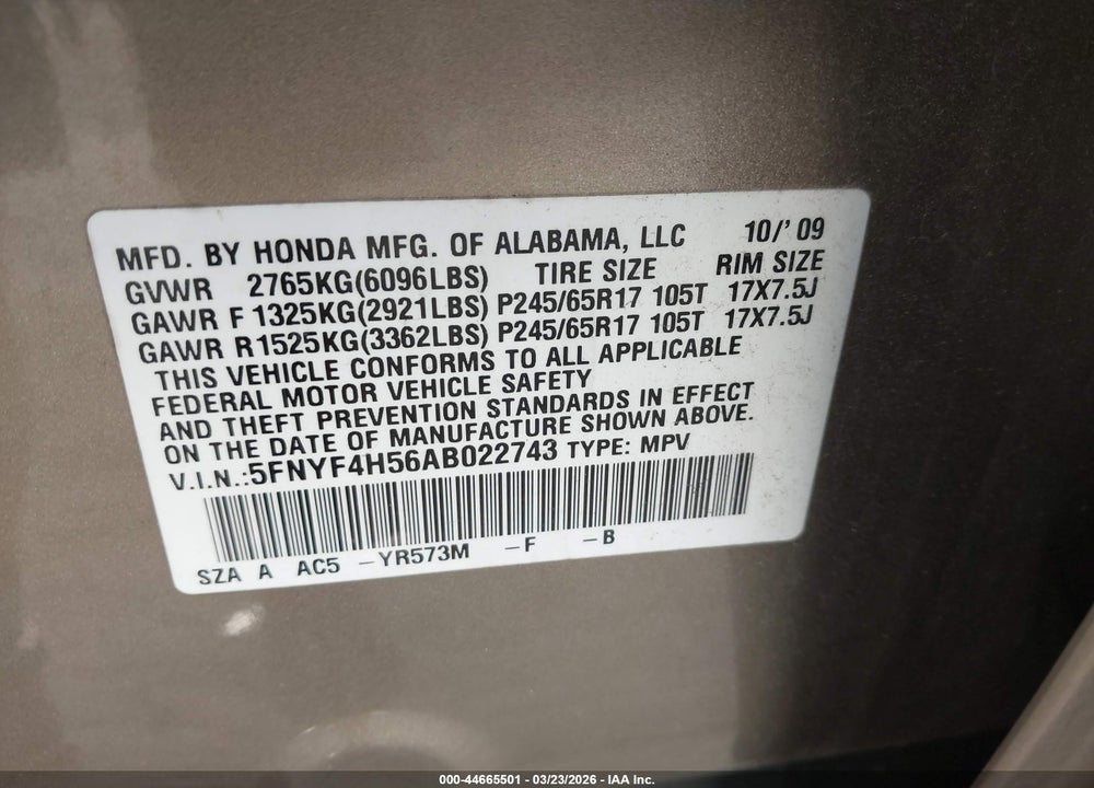 2010 HONDA PILOT EX-L VIN: 5FNYF4H56AB022743