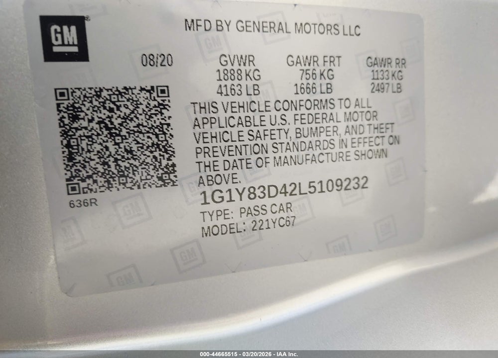 2020 CHEVROLET CORVETTE STINGRAY RWD  3LT VIN: 1G1Y83D42L5109232